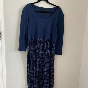 ALGO VINTAGE 3/4 SLEEVE MIDI  DRESS NAVY WITH FLORAL SKIRT BUTTONS FRONT POCKETS